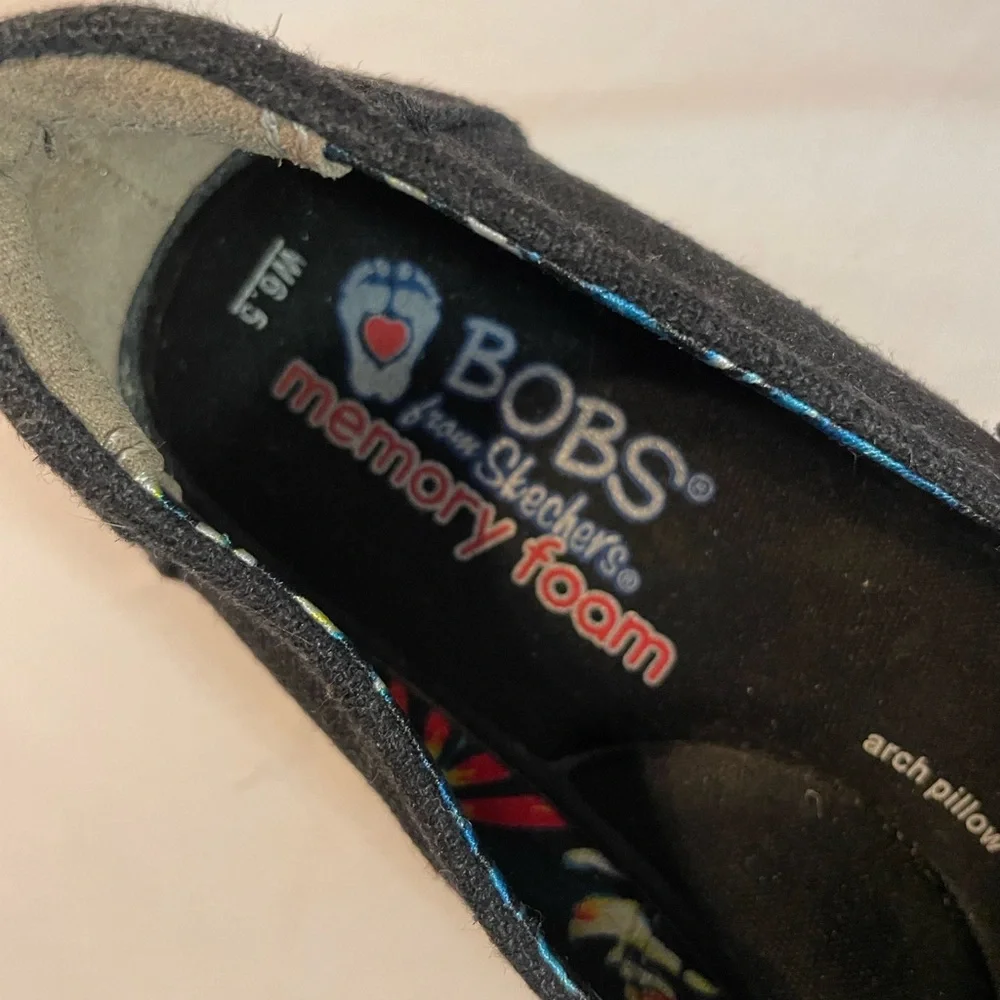 BOBS Skechers Black Canvas Arch Memory Foam Slip-On Shoes 6.5 Ladies Weave Heel - Picture 3 of 7